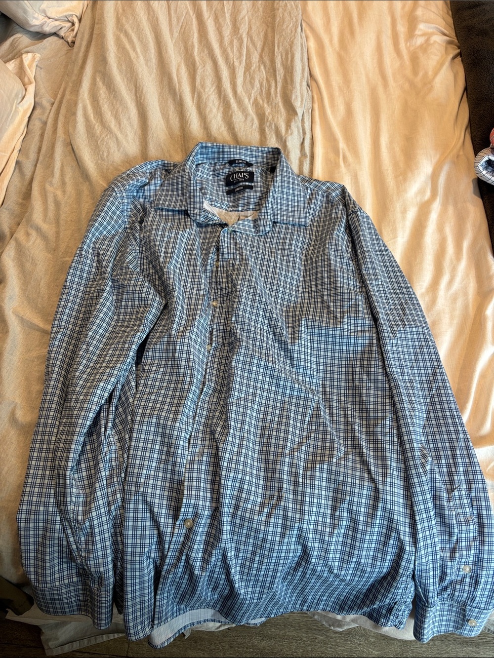 Chaps Men's Light and Dark Blue Plaid Dress Shirt